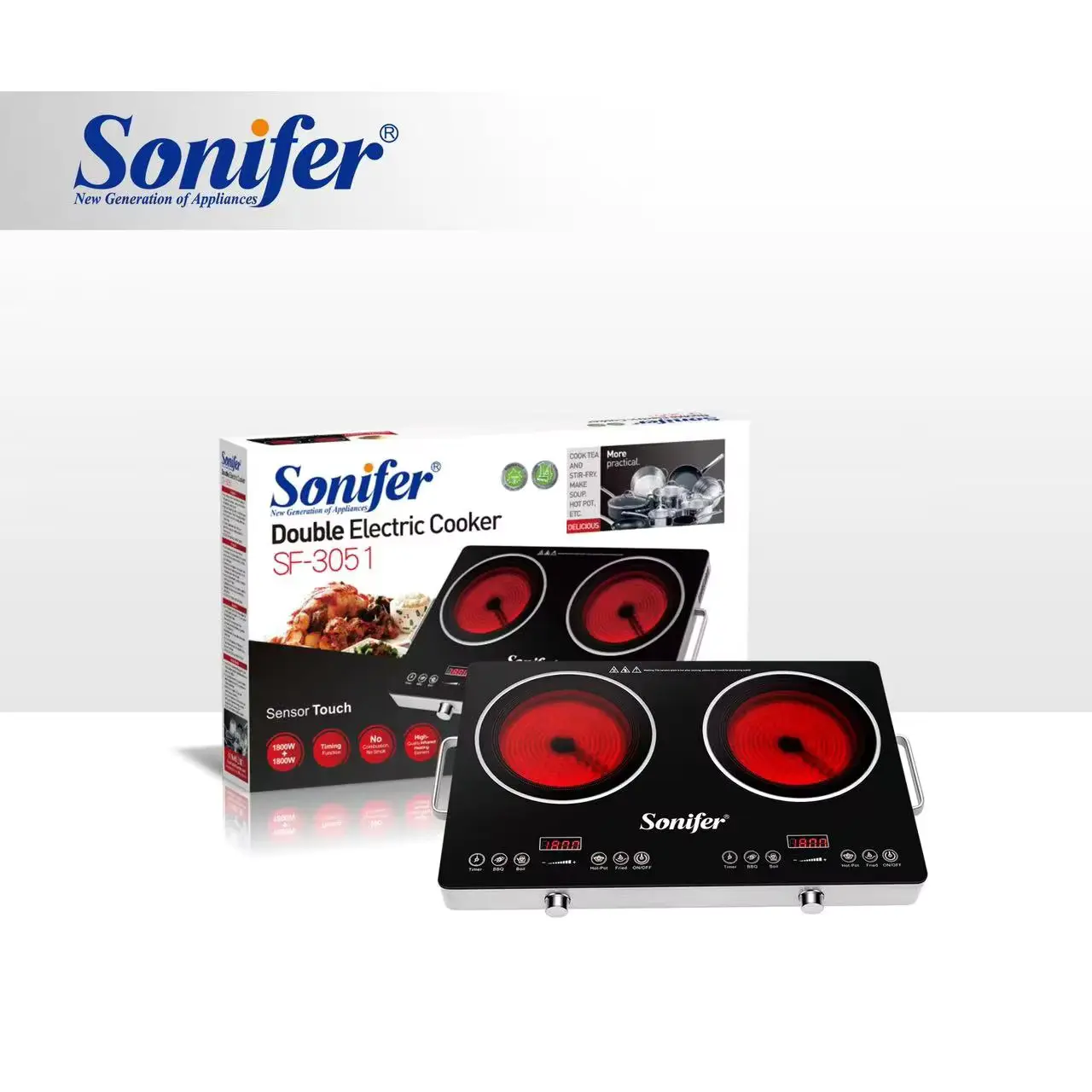 Sonifer SF-3051 New Kitchen Multifunctional Big Size Dual Hot Plate Sensor Electric Double Induction Cooker