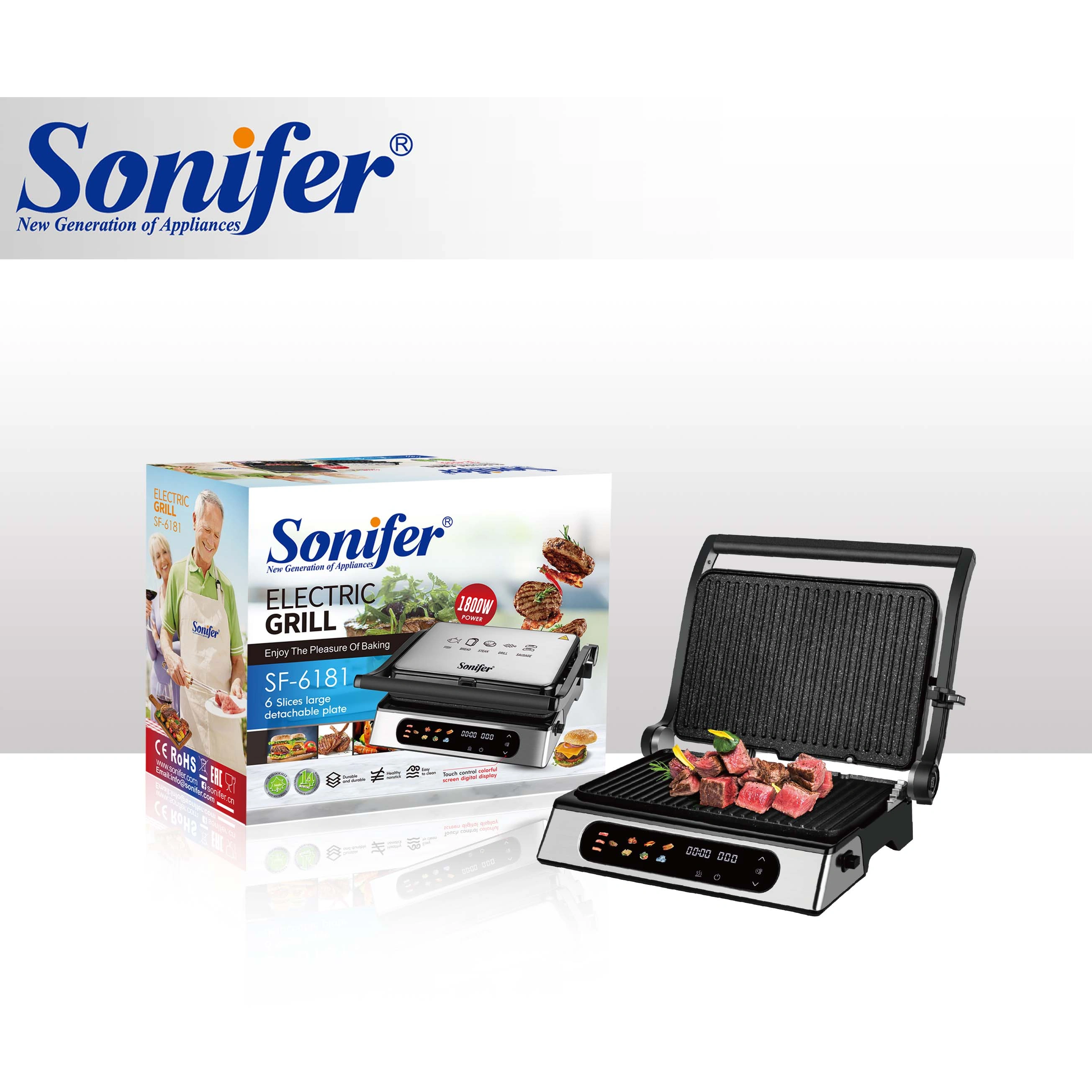 Sonifer SF-6181 Home Use 1800W Stainless Steel Decoration Housing BBQ Grill 6 Slices Large Detachable Plate Electric Grill