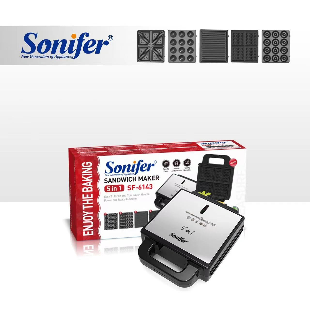 Sonifer SF-6143 new high quality home non-stick multifunction 5 in 1 electric waffle maker removable plates