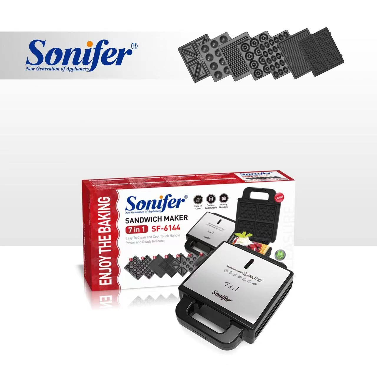 Sonifer SF-6144 best quality kitchen 1400W multi 7 in 1 sandwich and waffle maker with removable plates