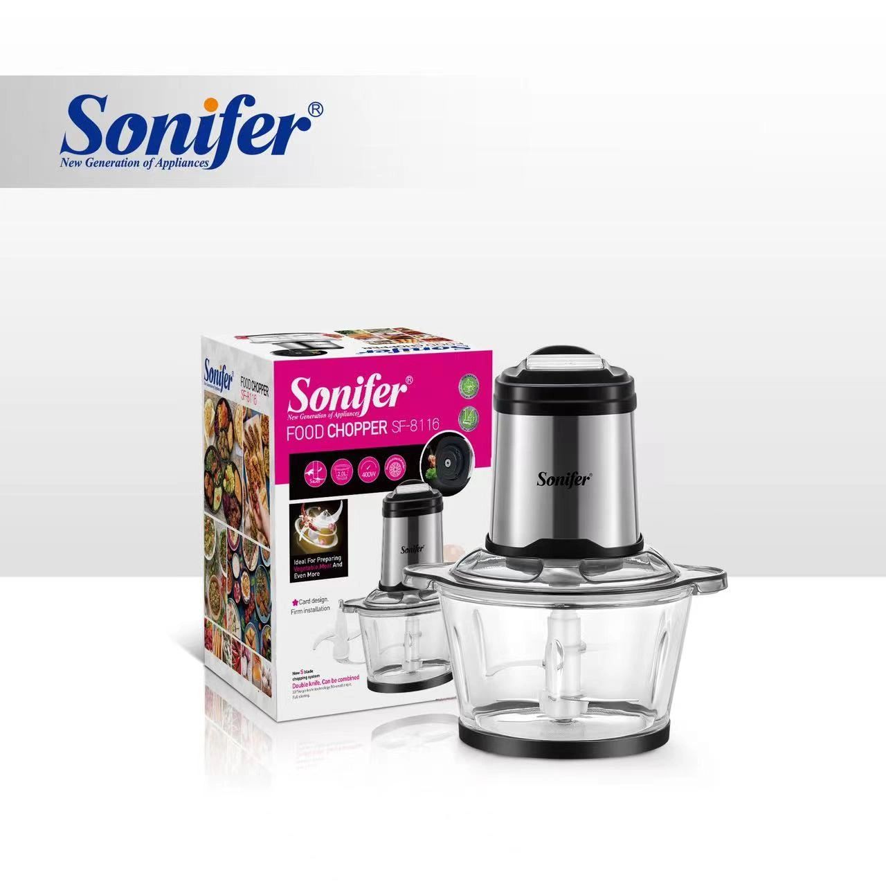 Sonifer SF-8116 household 220v glass container electric mini food vegetable and meat chopper 1.8l