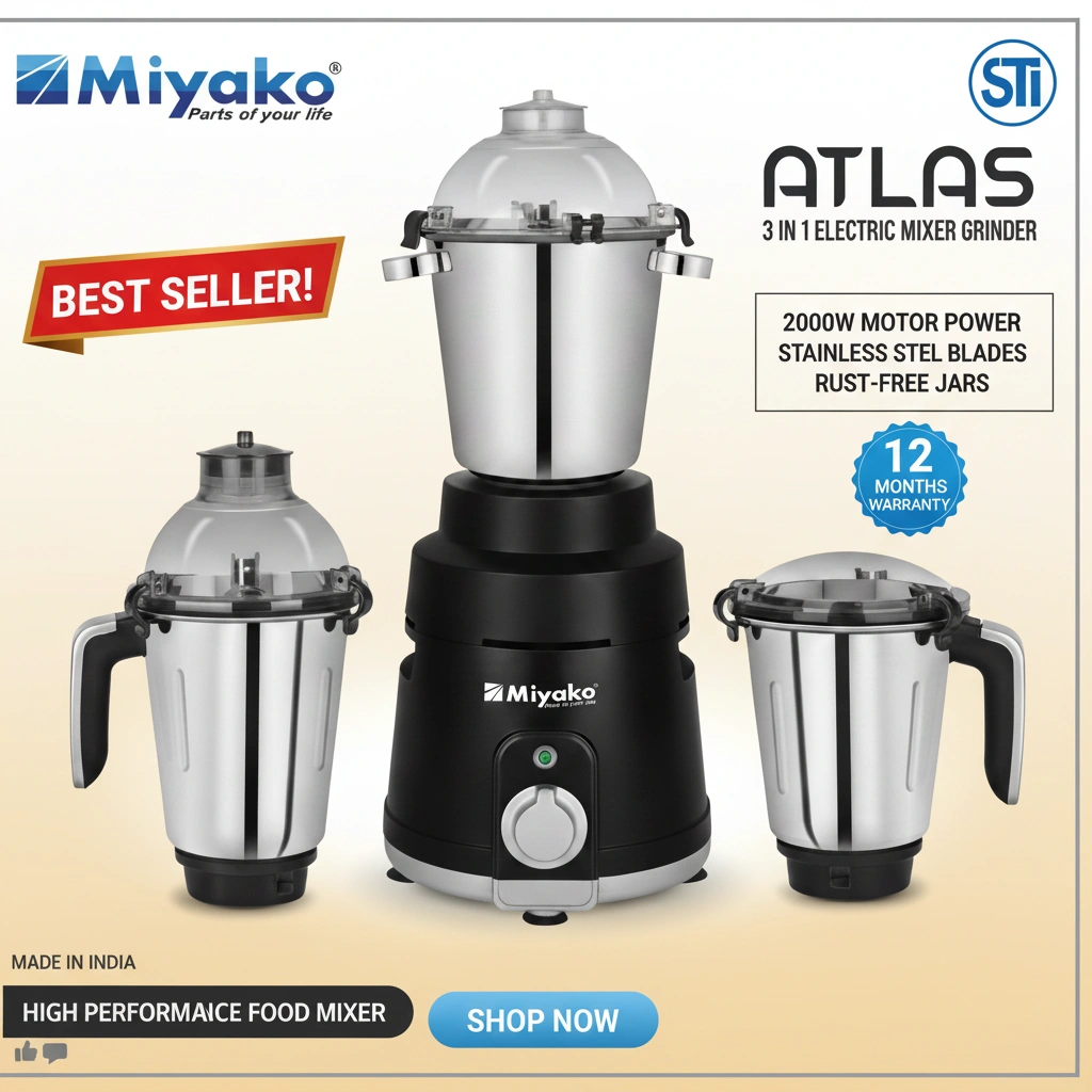 Miyako Stainless Steel Heavy Duty Power full 2000 Watts Blender Plus Mixer Grinder 3 in 1 ATLAS